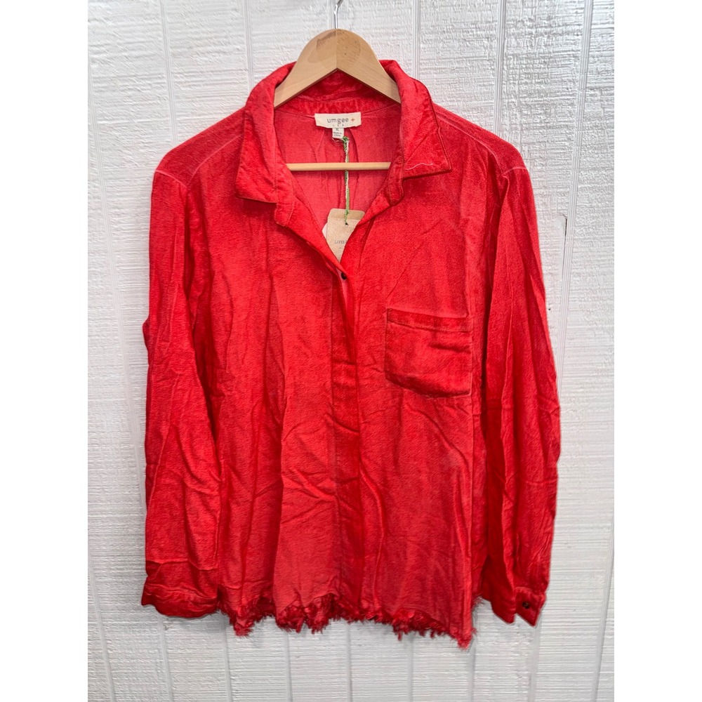 Umgee Button Down Shirt Women Red Frayed Hem Linen Blend XL NEW